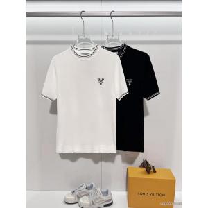 PRADA/ラダのアルファベットの色織トリコロールニットクルーネック半袖Tシャツ